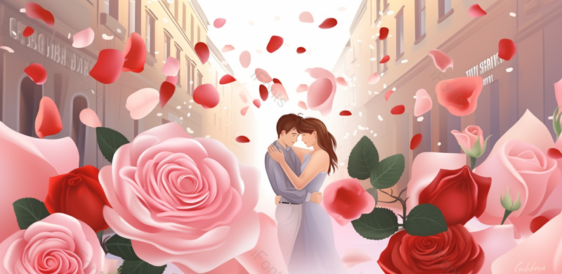 唯美欧美街道情侣拥抱玫瑰插画,插画/手绘图,插画/手绘图库,插画/手绘图下载,插画/手绘